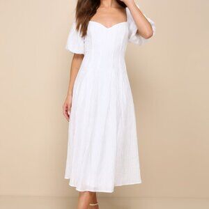 Lulus Heavenly Energy White Textured Puff Sleeve Pleated Midi Dress - Size M